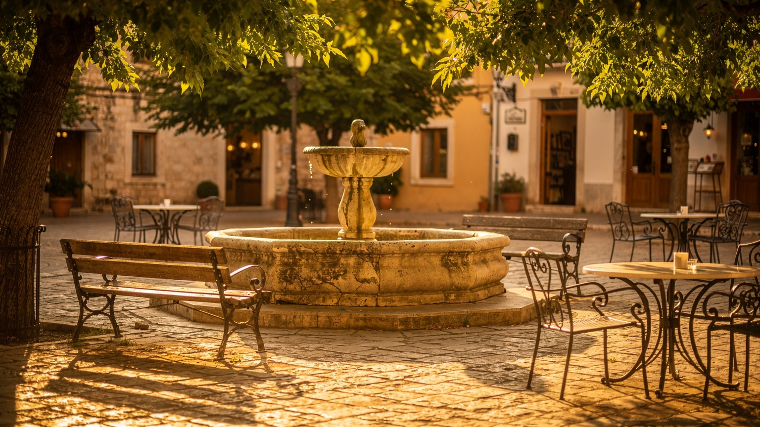 A warm town plaza with a fountain at golden hour