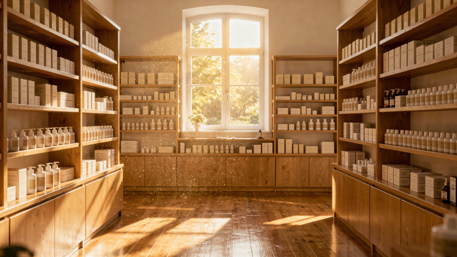 A bright, airy pharmacy in a warm town