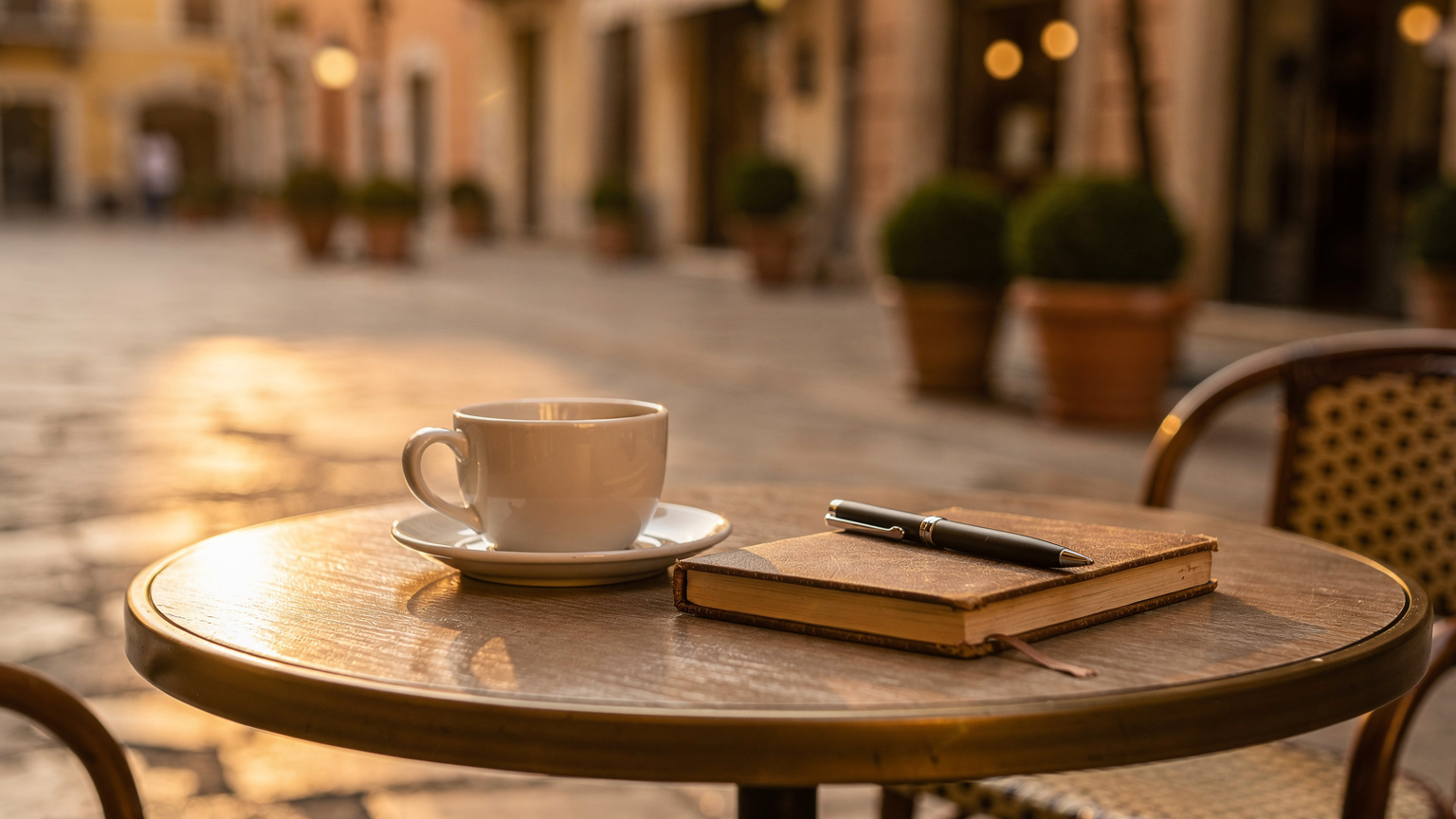 A sunny cafe terrace with coffee and a notebook