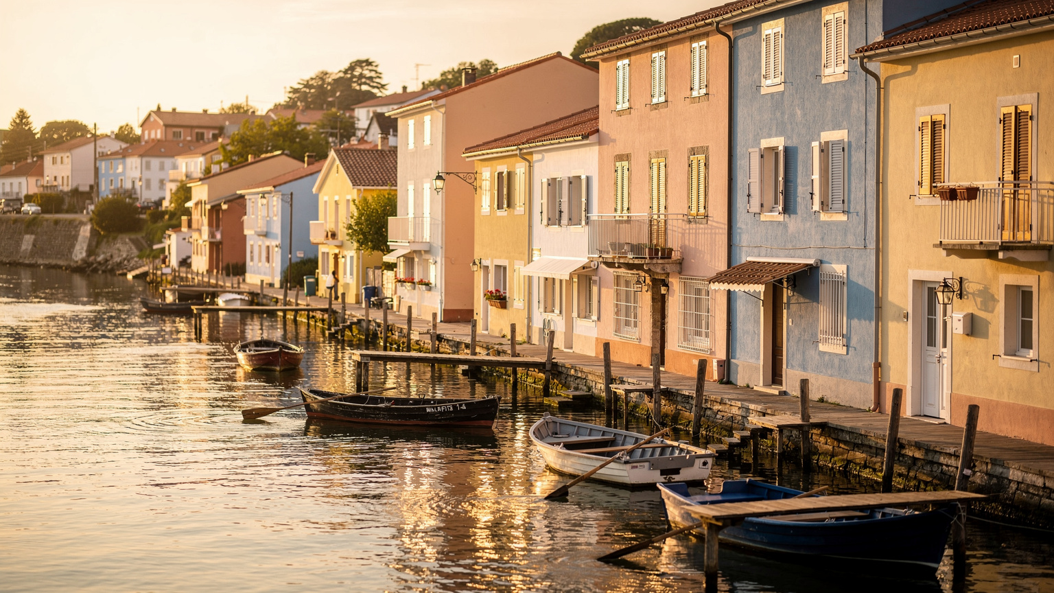 A calm riverside town at golden hour