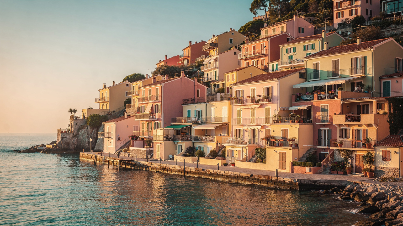 Terraced pastel homes above a calm coast
